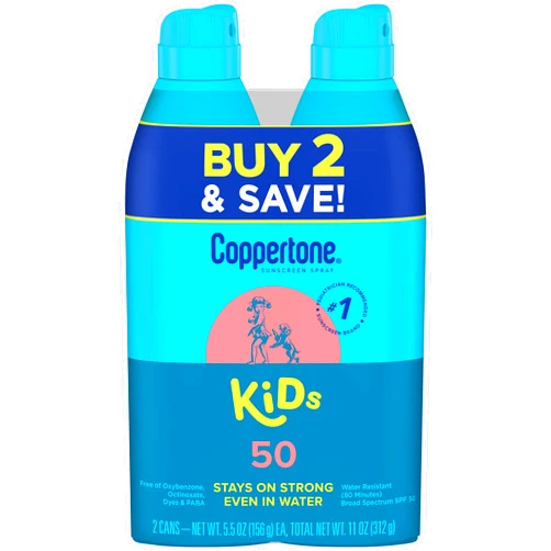 Coppertone Sunscreen Spray SPF 50, Broad Spectrum, Water Resistant for Kids, #1 Pediatrician Recommended Brand, 5.5 Ounce (Pack of 2)