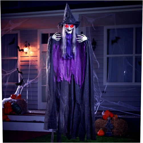 JOYIN 72” Hanging Witch Decor Halloween Decorations Outdoor, Flying Witch Life Sized Sound Activated Light Up Eyes Party Supplies Garden Haunted House Front Porch Door Scary Old World