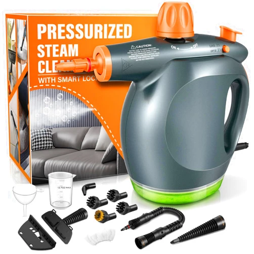 Phueut 1250W Powerful Handheld Steam Cleaner with Detergent Container and Safety Lock, Multifunctional and Pressurized Hand Held Steamer for Kitchen, Bathroom, Windows and Floors, Steamer for Cleaning