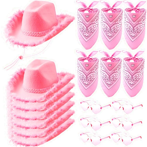Unittype 18 Pcs Pink Cowgirl Hat with Pink Bandana Heart Shape Sunglasses Set Western Costume Dress Accessory for Women Costume Party Supplies