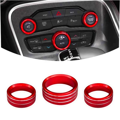 Hirificing 3PCS Air Conditioner Button for Challenger Durango 2015-2022, Car Interior Decorated Colored Climate Control AC Switch Audio CD Aluminum Trim Alloy Knob Cover Ring(Red)