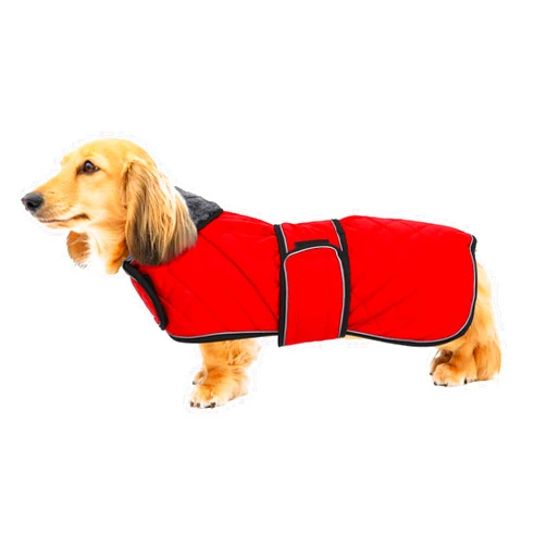 Geyecete Warm Thermal Quilted Dachshund Coat, Dog Winter Coat with Warm Fleece Lining, Outdoor Dog Apparel with Adjustable Bands for Medium, Large Dog-Red-L