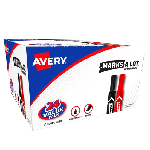 AVERY Marks-A-Lot Permanent Markers, Regular Desk-Style Size, Chisel Tip, Water and Wear Resistant, 24 Assorted Markers (98187)