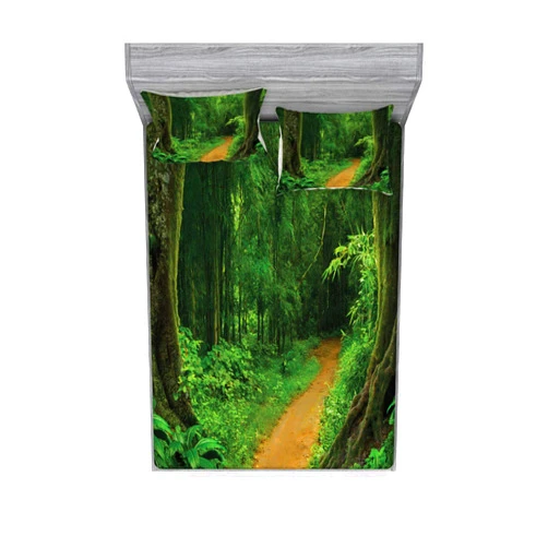 Ambesonne Tropical Fitted Sheet & Pillow Sham Set, Tropical Jungle Forest Trees Pathway Foliage Wilderness Nature Landscape Picture, Decorative Printed 3 Piece Bedding Decor Set, Queen, Green Brown