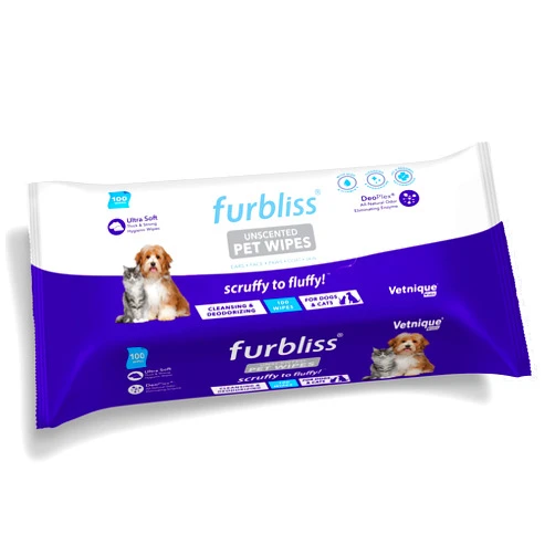 Vetnique Labs Furbliss Hygienic Pet Wipes for Dogs & Cats, Cleansing Grooming & Deodorizing Hypoallergenic Thick Wipes with All Natural Deoplex Deodorizer (Unscented, 100ct Pouch)
