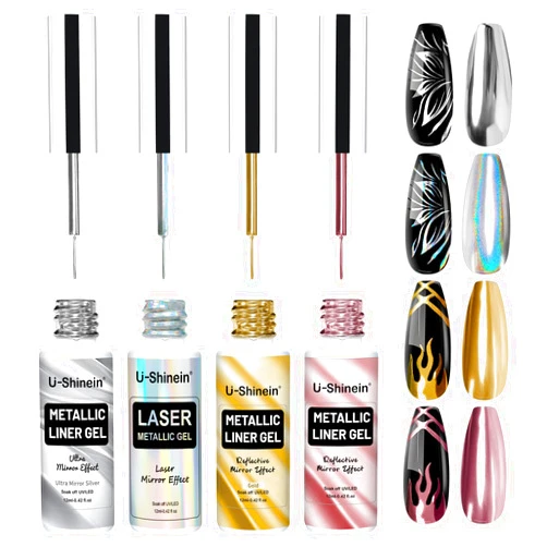 U-Shinein 4x12ml Metallic Mirror Painting Liner Gel Polish Set, Mirror Chrome Holographic Laser Effect Painted Nail Polish, Metal Drawing Striper Gel Build in Thin Brush Nail Art Manicure Set