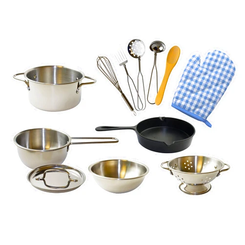 POPOHVER Deluxe Pots & Pans Set - 12 Piece Stainless Steel Play Kitchen Set - Realistic Looking Cookware for Imaginative Role Play - Great for Young Boys and Girls Ages 3+