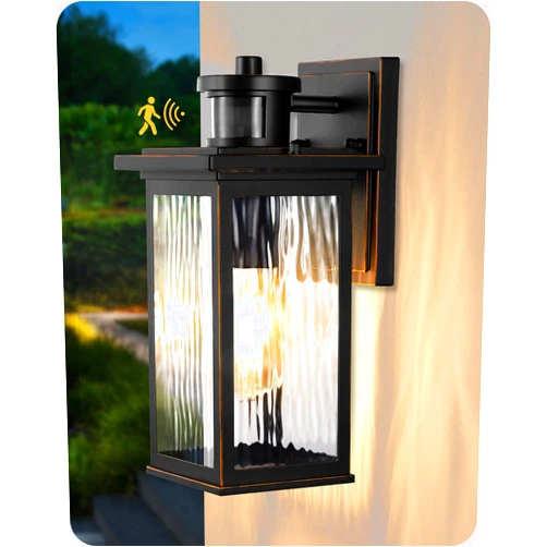 EDISHINE Motion Sensor Outdoor Wall Lights, Dusk to Dawn Exterior Lighting Fixtures Porch Light Wall Mount Sconces with Clear Water Ripple Glass, Outside Wall Lantern Lamp for House Garage, Black