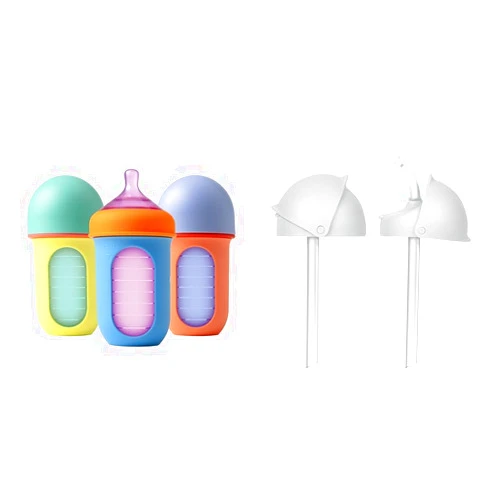Boon Nursh Reusable Baby Bottle with Silicone Pouch Design Bundle - Stage 2 Medium Flow 8 Oz Baby Bottles, Silicone Straw Sippy Cup Conversion Lids for Nursh Bottles - 2 Count