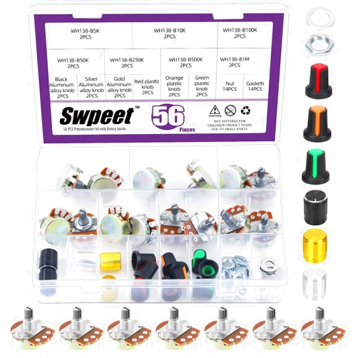 Swpeet 57Pcs Single Linear Rotary Taper Potentiometer with Plastic and Aluminum Alloy Knobs Kit, 5K 10K 50K 100K 250K 500K 1M Ohm Potentiometer Carbon file Variable Resistor for Audio Volume Control
