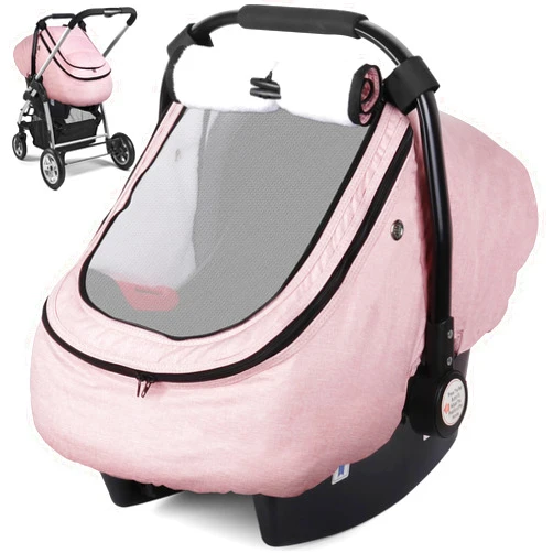 Rquite Car Seat Cover Baby, Winter Carseat Covers Boy Girl, Waterproof Infant Car Seat Cover, Warm Car Seat Canopy, Newborn Cold Weather Shield, Baby Carrier/Stroller Cover with 2 Layers Window, Pink
