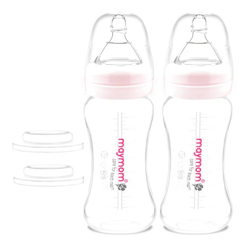 Maymom Wide-Mouth Milk Collection Storage and Feeding Bottle with Nipple, Pink Dome Cap, Bottle Top, SureSeal Sealing Disk; Compatible with Spectra Pump/Motif Luna; 2 pc (9Oz/280mL)