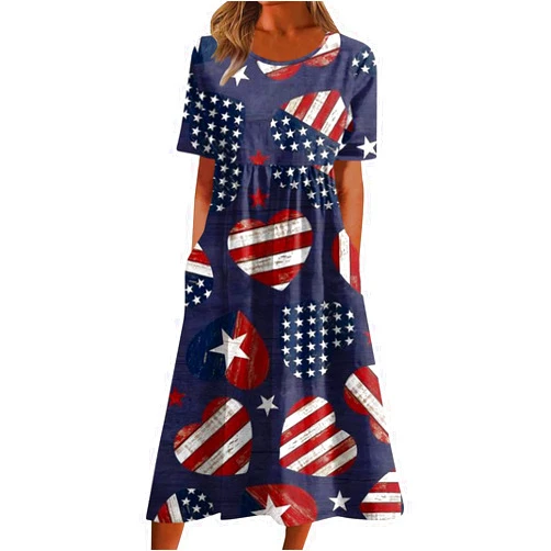 FlekmanArt Summer Dresses for Women Printing Short Sleeve Dresses Round Neck Lightweight Trendy Beach Dress with Pocket