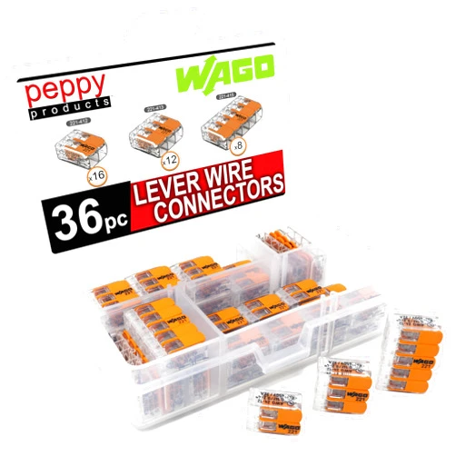 Peppy Products WAGO 221 Lever-Nuts 36pc Compact Splicing Wire Connector Assortment. Includes (16x) 221-412, (12x) 221-413, (8X) 221-415