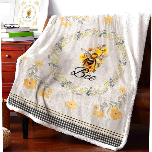EwdeWwo Vintage Bee Sherpa Fleece Blanket Ultra Soft Throw Blanke Nature Wild Flower Wreath Checked Plaid Fuzzy, Cozy, Shaggy, Warm - Reversible Microfiber Blanket for Bed Sofa Couch 40 x 50 Inches