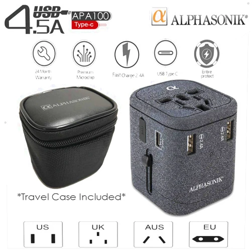 Alphasonik APA100 USB Worldwide Universal International Travel Power Adapter AC Wall Charger Plug 4 USB Ports Type-C Fast Charging 3.0A for USA European Cell Phone Tablet Laptop iPhone W/Travel Case Black