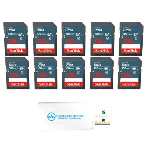 Everything But Stromboli SanDisk 10 Pack Ultra 128GB Memory Card SDXC UHS-I Compatible with Trail Cameras, Digital Cameras (SDSDUNR-128G-GN3IN) Bundle with 1 Everything But Stromboli SD & MicroSD Memory Card Reader