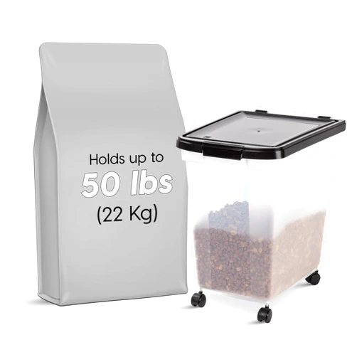 IRIS USA WeatherPro Airtight Dog Food Storage Container, Up to 50 lbs, Removable Wheels, for Dog Cat Bird and other Pet Food Storage Bin, Keep Fresh, Translucent Body, Easy Mobility, Clear/Black