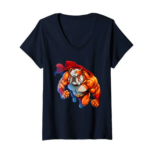Bulldog Lover Womens Superhero Bulldog Red Cape Super Hero Dog V-Neck T-Shirt