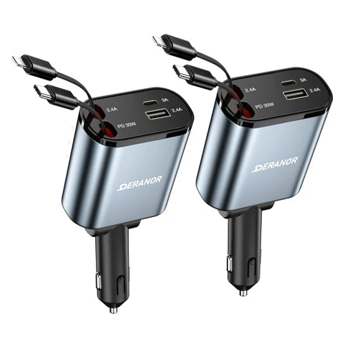 DERANOR [2 Pack] Retractable Car Charger 4 in 1 Fast Car Phone Charger 69W, Type C Car Charger Adapter with 2X Retractable Phone Charger Cables and 2X USB Ports for i Phone 16/15/14/13/12, for Samsung S24/S23