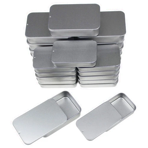 Goodma 24-Pack Slide Top Rectangular Metal Tin Containers for Candies Jewelry Crafts Pills Lip Balm Storage Survival Kit, Mixed Sizes (Silver)