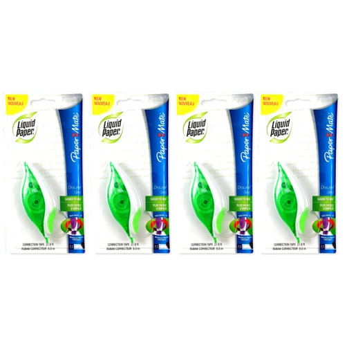 Paper Mate 660415 Liquid Paper DryLine Grip Correction Tape Dispenser, Pack of 4; Transparent Green Body; 1/5 inches Wide x 27.8 feet Long White Tape; Applies Dry, Rewrite Instantly; Swivel Tip