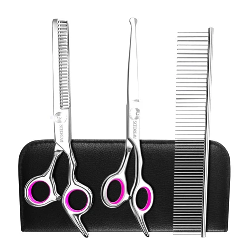 SCEDREAM 3 in 1 Dog Grooming Scissors for Dogs with Safety Round Tips, Curved Dog Grooming Scissors,Professional Pet Shears Set for Dogs and Cats, Pink