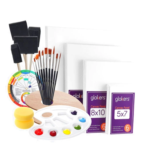 Glokers Canvas Panels Painting Kit | Art Supplies Set Includes Paint Palette, Sponge Brushes, Canvases, Paintbrushes & Mixing Wheel | Warp-Free Painting Canvas Great for Acrylic, Oil & Watercolor