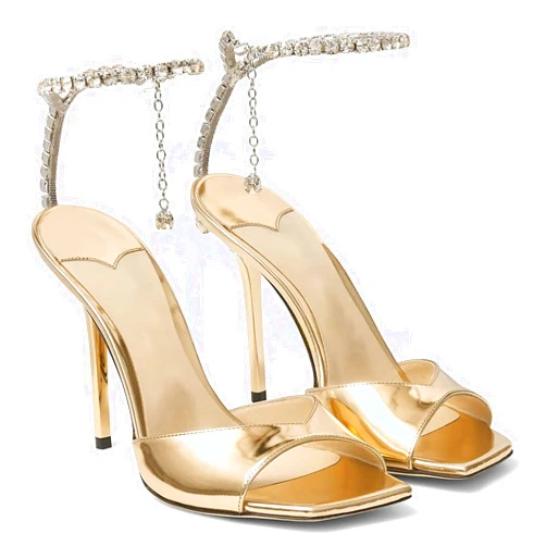 LauraVicci Women's High Heel Sandals Crystal Chain Ankle Straps Rhinestones Buckle Square Open Toe Stiletto High Heels Wedding Party Satin Dress Shoes