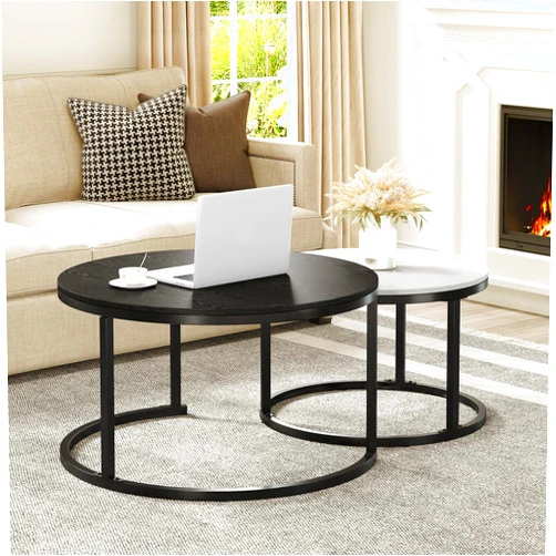 YITAHOME YIATHOME Nesting Coffee Tables Set of 2,Round Coffee Table for Living Room,Wood Coffee Tables with Sturdy Metal Frame, Black and White