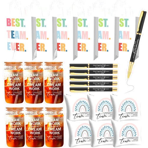 Skylety 6 Set Employee Appreciation Team Gifts Bulk for Coworker Staff 16 oz Thank You Glass Cups with Lid and Straw Positive Makeup Bags with Inspirational Ballpoint Pens and Best Team Ever Bags