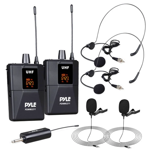Pyle Dual UHF Microphone System - Portable Professional Cordless Microphone Set Wireless Mic Kit w/Headset / Lavalier Mic, Beltpack Transmitter, Receiver - Karaoke & Conference - Pyle PDWMU211,Black