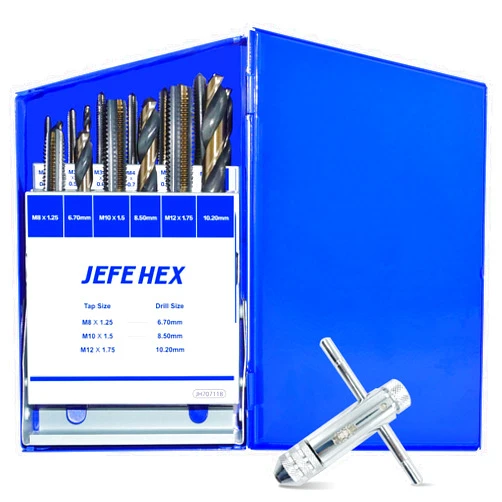 JEFE HEX 18pcs Metric Drill and Tap Set with 1 Piece T-Handle Ratchet Tap Wrench, Tap Range M2.5 * 0.45—M12*1.75, Black and Gold Premium HSS Jobber Length Drill Bits and Hand Plug Taps with Metal Box