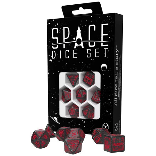 Q Workshop Q-Workshop Space Dice Set Voyager RPG Dice – Shimmering Black with Red Engravings – Ideal for Tabletop Games & RPGs – 7 Polyhedral Dice – (D4, D6, D8, 2D10, D12, D20)