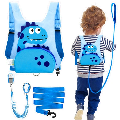 Dr.meter 3 in 1 Toddler Harness Leash + 8.2ft Anti Lost Wrist Link, Cute Dinosaur Kids Safety Harness with Key Lock, Child Walking Harness Assistant Strap for Outdoor Activity Travel