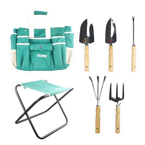Mobitel 7 Piece Garden Tool Set Including Folding Stool with Tool Bag, All in ONE Gardening Tool Kit Gifts for Women & Men