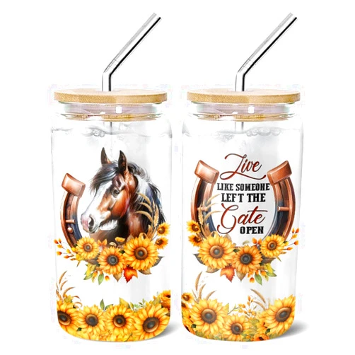 POTINAL Horse Live Glass Cup Tumbler 16 Oz With Lid And Straw, Bamboo Lid, Sunflower Frosted Glass Cup, Brown Hot Tea Mug, Horse Gifts