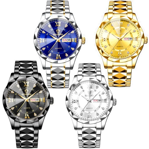 Yunanwa 4 Pack Men Watches Diamond Business Dress Analog Quartz Stainless Steel Waterproof Luminous Date Silver Blue Black Gold Luxury Casual Watch for Men