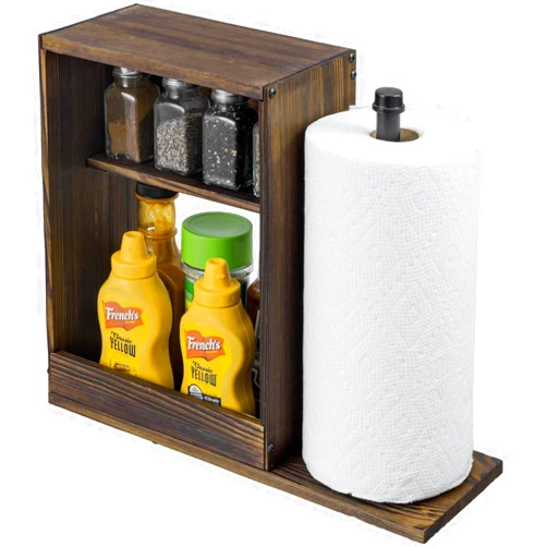 MyGift Urban Modern Spice Rack and Paper Towel Holder, Rustic Burnt Solid Wood Freestanding Countertop Condiment Storage Shelf with Industrial Matte Black Metal Pipe Paper Towel Stand