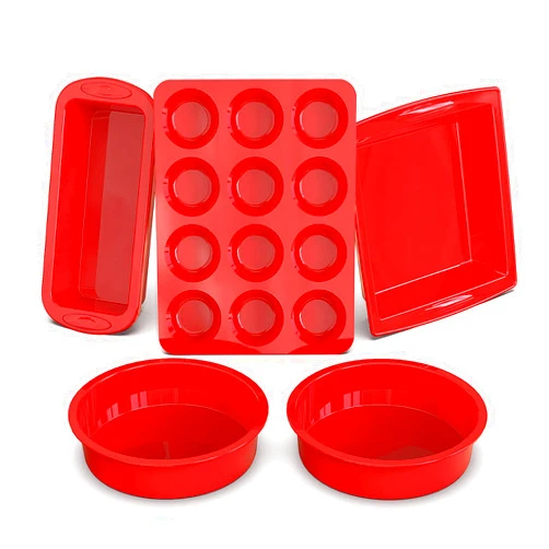 SILIVO 5-Piece Silicone Baking Pans Sets - Nonstick Silicone Bakeware Set with Bread Loaf Pan, Muffin Pan, Square/Round Cake Pan - Oven & Dishwasher Safe