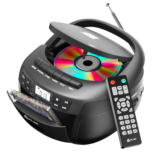 KLIM CD + Cassette Tape Player, Bluetooth CD Boombox, AM/FM Radio, Stereo Sound, Remote, CD and Cassette Player Combo, Tape Recording, USB Drive, AUX, AC/DC Powered Radio CD Player