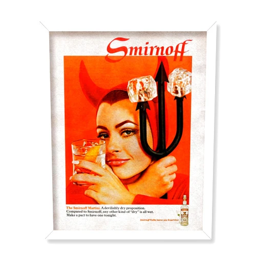 Poster Master Vintage Smirnoff Poster - Retro Advertising Print - Gift for Artist, Friend - Vodka Martini, A Devilishly Dry Proposition, Alcohol - Wall Decor for Kitchen, Bar, 8x10 White Framed