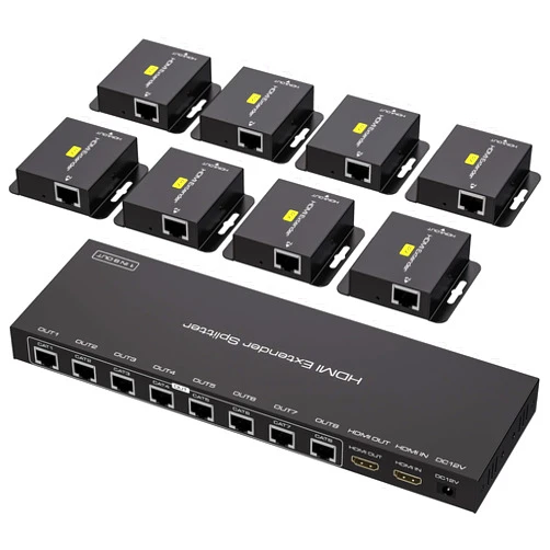 VPFET HDMI Extender Splitter Over Ethernet 1 in 8 Out Cat5e or 6 Up to 165FT 50m HD1080P 60Hz 3D with Port Loop Out Support EDID POC Suitable for Projection Exhibition Presentations
