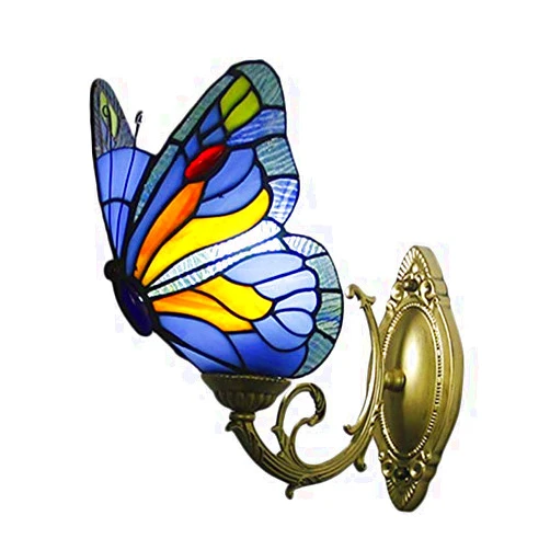 LITFAD Butterfly Accent Wall Lamp Tiffany Style Wall Sconce Stained Glass LED Wall Light Fixture in Blue for Children Room Bedroom Restaurant Hotel