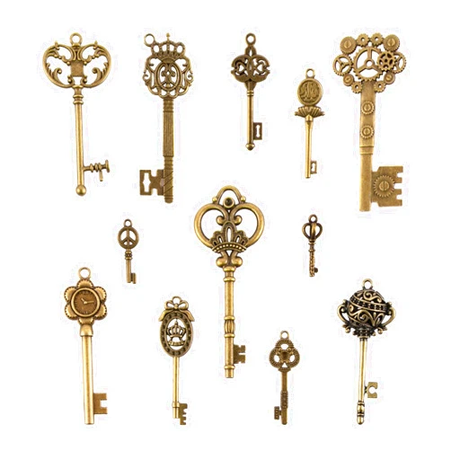 CHuangQi Vintage Skeleton Keys Set, Filigree Steampunk Keys, Antique Bronze Keys Charms Pendants, Different Style