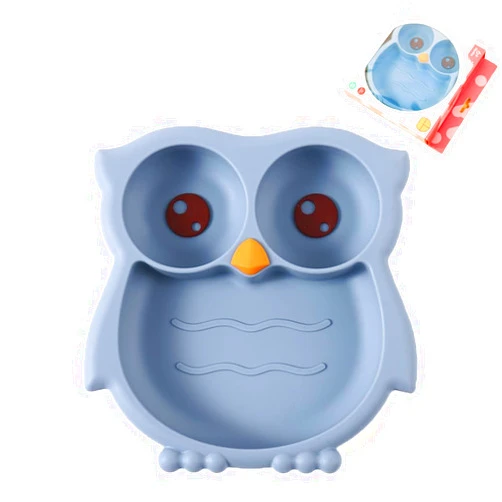 PandaEar Toddler Suction Plates, Stay Put Divided Baby Plates, Owl Shape BPA-Free 100% Food-Grade Silicone Unbreakable Baby Plate, Baby Feeding Supplies (Blue)