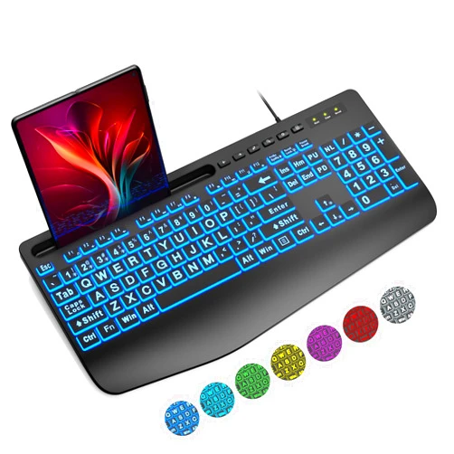 SABLUTE Wired Backlit Large Print Computer Keyboards, Lighted USB Keyboards with 7-Color Backlit, Wrist Rest, Phone Holder, Easy to Read and Type for Laptop, PC, Windows, Desktop