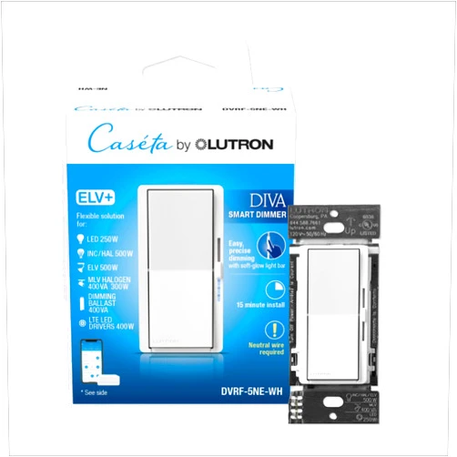 Lutron Diva Smart Dimmer Switch ELV+ for Caseta Systems, Works w/Alexa, Apple Homekit, Google Home (Hub Required), 250-Watt LED, Neutral Required, DVRF-5NE-WH, White