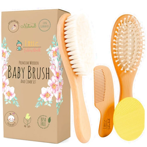 Little Tinkers World Baby Hair Brush and Comb Set 4-Piece Natural Wooden Set with Soft Goat Bristle Brush, Cradle Cap Brush & Comb Newborn Baby Registry Gift for Boys and Girls