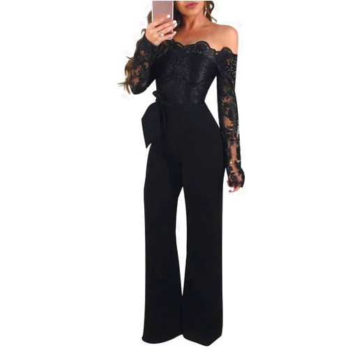 IWEMEK Women Elegant Off Shoulder Floral Lace Slim Long Jumpsuit Pants High Waist Casual Bodycon Wide Leg Romper with Belt